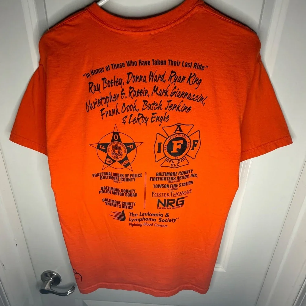 Vintage Y2K Harley Davidson Police And Firefighter Orange T-Shirt Mens Medium - Picture 4 of 8